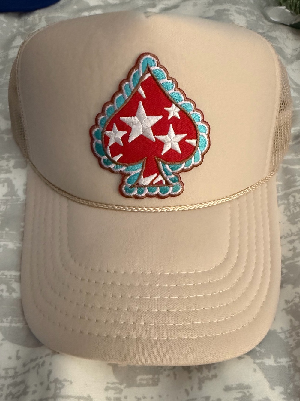 OTTO Women’s Beige Trucker Hat with Red Spade Patch and Teal Trim
